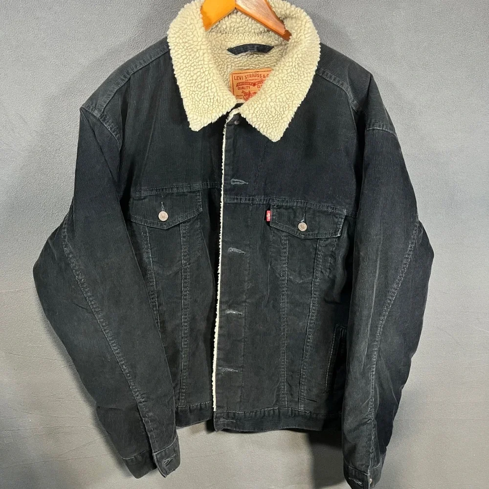 Levis 70520 Black Corduroy Sherpa Lined Trucker Jacket Mens XL Coat Y2K